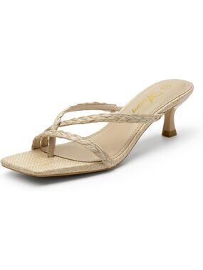 Women Tan Raffia Square Toe Strappy Flip Flop Thong Low Kitten Heel Thong Sandal